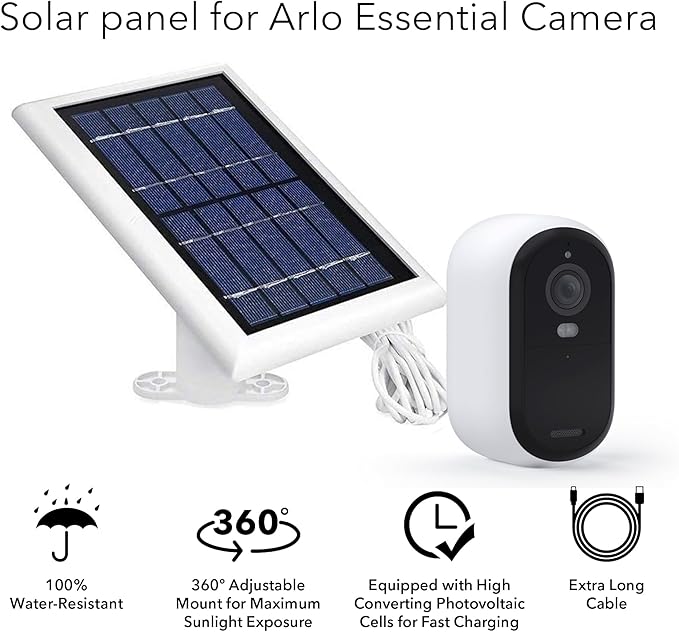 Wasserstein Solar Panel Compatible with Arlo Essential 2K Outdoor Security Camera (2nd Gen) / XL (2nd Gen) &amp Essential Spotlight (Camera NOT Included) - (3-Pack White)