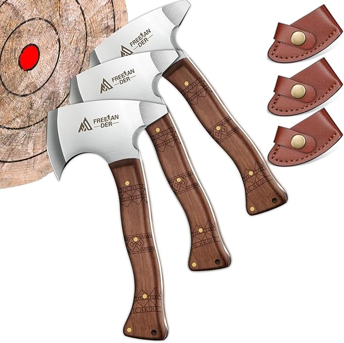Freelander 7.9'' Throwing Axe Set with Leather Sheath 3 Pack High Carbon Stainless Steel Small Throwing Axes Hatchet for Adults Men &amp Women Ergonomic Wood Handle for Competition and Recreation
