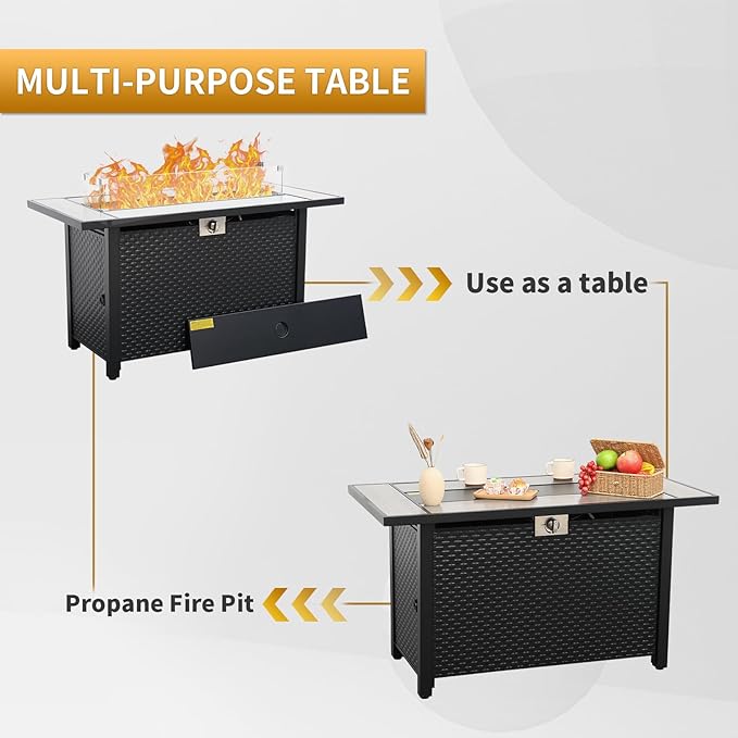 Outdoor Propane Fire Pit 45 Inch Patio Firepit Table with Fire Glass and Wind Guard for Outside Parties and Gatherings on Garden Backyard Porch