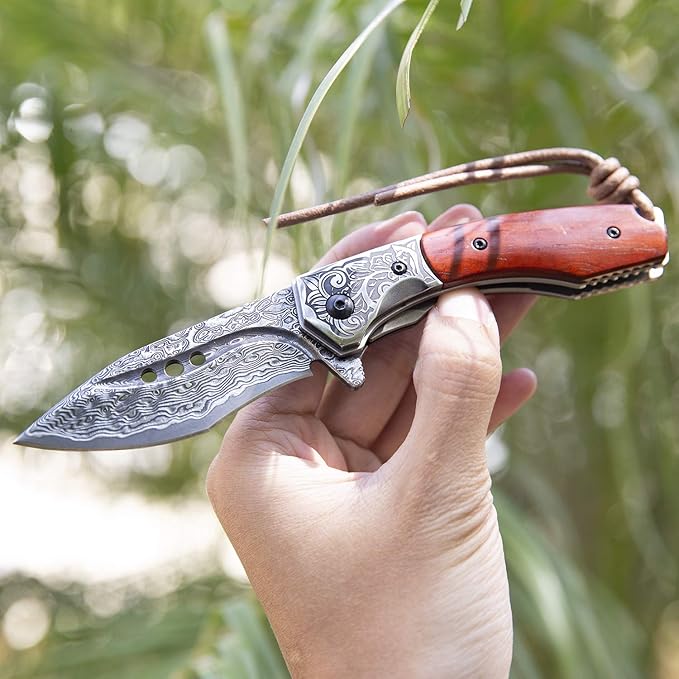 hand made damascus steel pocket knife 3.1 inch outdoor folding knife camping rosewood handle with leather case and inner lining