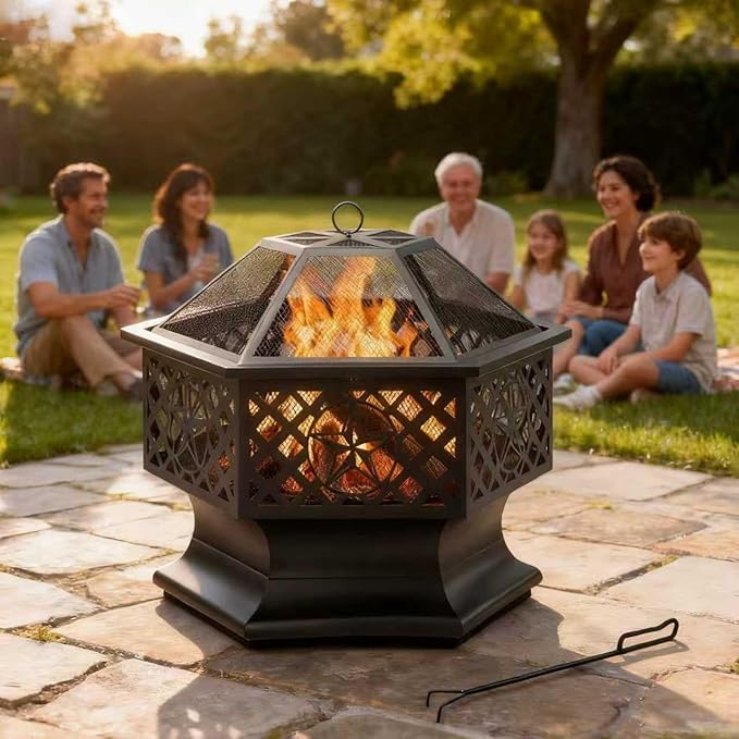 Panovue 28 Inch Hexagonal Fire PitWood Burning Firepits for Outside with Spark Screen&ampPokerMetal Hex-Shaped Outdoor Fire Pit for OutsideBackyardBonfirePatioGardenPicnic and Camping（Black）