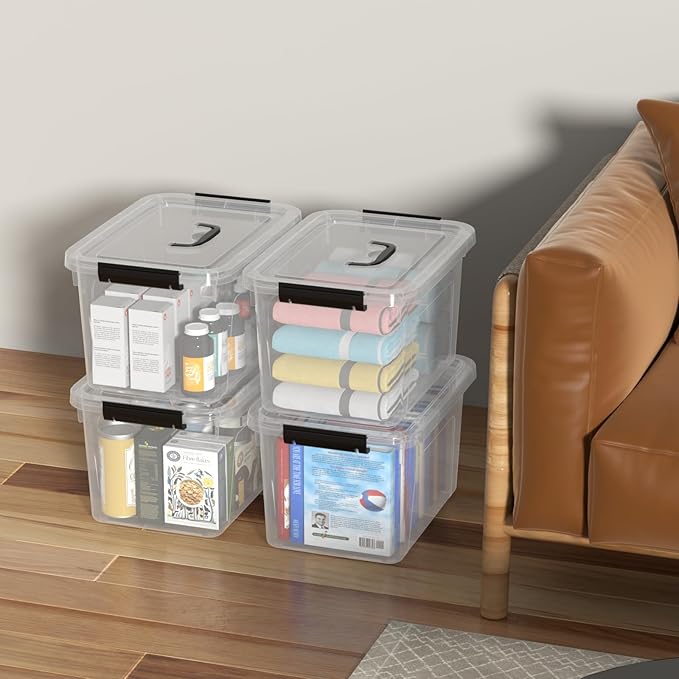 20 Quarts Stackable Plastic Storage Latches Box with Lid Clear Latching Storage Bin with Handle 4 Packs