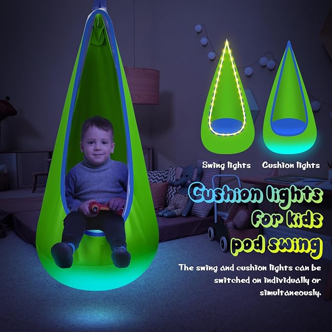 Light Up Kids Pod Swing Seat Upgraded Kids Hanging Hammock Swing with LED Lights Cotton Sensory Pod Swing Chair with Inflatable Pillow Pod Swing for Kids Indoor &amp Outdoor (1 PCS) (Green)