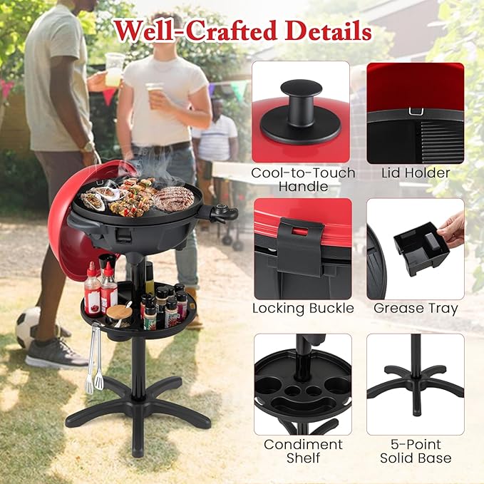 1200W Electric Grill Outdoor 2-in-1 Freestanding &amp Tabletop BBQ Grill w/Thermometer Nonstick Griddle Lid &amp Drip Tray Portable Camping Grill for Patio Backyard Party (Red)
