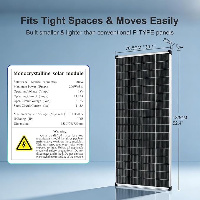 Solar Panels N-Type 16BB 200W Solar Panel 200 Watt Solar Panel 18V A+ Monocrystalline Cell 25% High Efficiency for RV Van Marine Home Rooftop Off-Grid Systems (52.4 x 30.1 Single Silver)