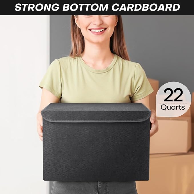 Bagnizer Large 22 Quart Linen Fabric Foldable Storage Bin Cube Organizer Basket with Flip-Top Lid &amp Handles Clothes Blanket Box for Home Office Closet Black 4 Pack 14.6 x 9.5 x 9.5”