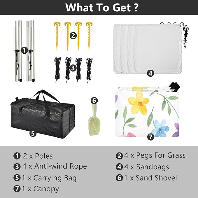 Wildflowers Beach Canopy Sun Shelter with Sandbags &amp Sand Shovel &amp Windproof Ropes - Portable 110x126 Beach Shade Beach Tent for Camping Picnics