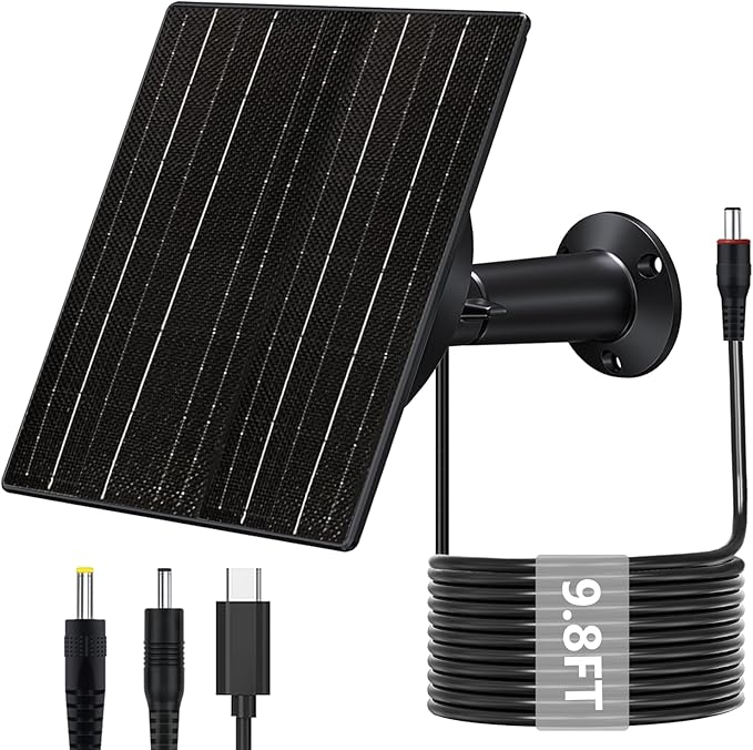 Zivif 10W Solar Panel for 5V/12V Security Camera &amp Trail Cameras Solar Charger with DC 5.5×2.1mm 4.0×1.7mm &amp 3.5×1.35mm &amp USB-C Connecter with 10400mAh Battery 360° Mount 9.8ft Cable