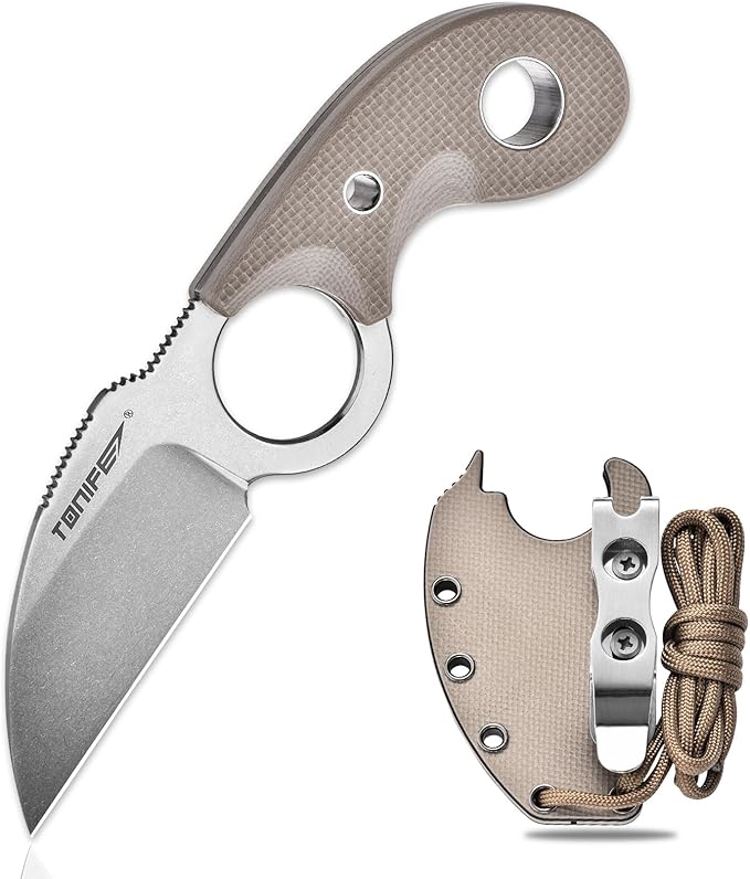 TONIFE Small Fixed Blade Knife Full Tang EDC Camping with Sheath Lanyard and Clip Blade Length 2.172.5 oz.with Sheath (Warm Sand - Stonewash)