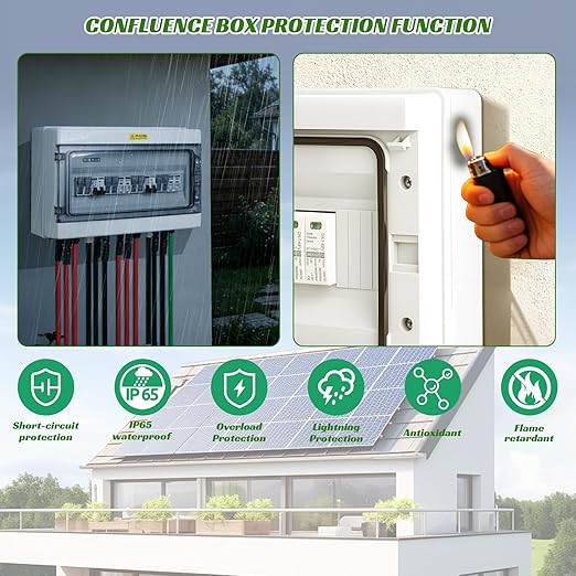 4 in 2 Out Solar Combiner BoxPV Combiner Box with 20A PV FuseDC 40A Circuit Breaker and Surge ProtectorIP65 Solar Disconnect Switch Box for Indoor Outdoor Solar Panel System (4 in 2 Out 20A 500V)
