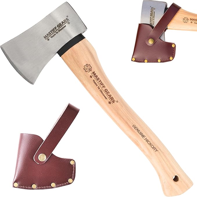 MASTIFF GEARS 1.25 lb Camp Axe - 14 Throwing Axe with 1055 Carbon Steel &amp North American Hickory Handle | Leather Sheath Included |1-Year Replacement Lifetime Limited Warranty