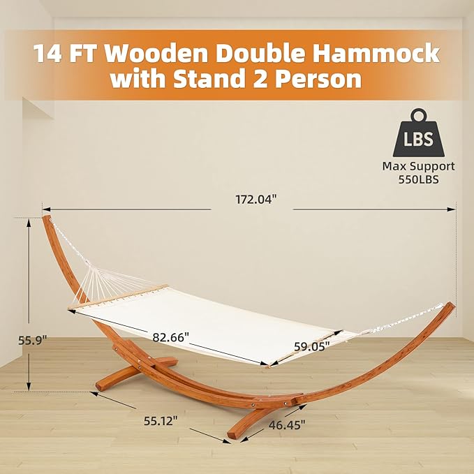 ECOTOUGE 14 FT Hammock with Stand 2 Person Heavy Duty Hammock Stand Large Hammock Bed for Porch Patio Balcony Garden Backyard White-Yellow