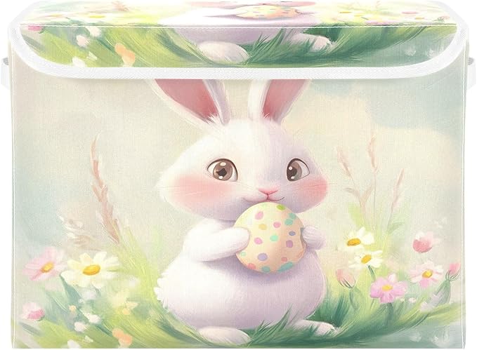 Christmas Storage Baskets with Lids Cute Rabbit Easter Collapsible Bins Stackable Fabric Linen Baskets Closet Organizer Container 16.5x12.6x11.8