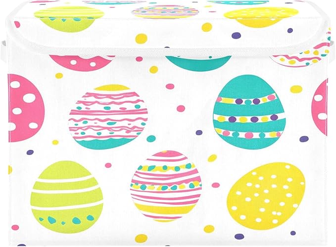 Storage Baskets with Lids Colorful Easter Eggs Collapsible Bins Stackable Fabric Linen Baskets Closet Organizer Container 16.5x12.6x11.8