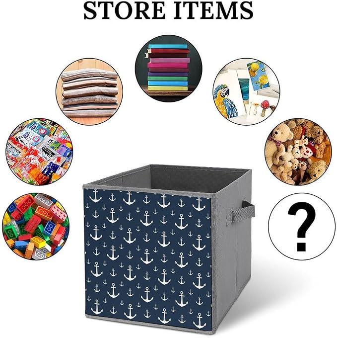 Collapsible Cube Storage Organizer with Handles Nautical Anchor Foldable Fabric Bin for Shelves Perfect for Closet Bathroom Kids' Room &amp Nursery