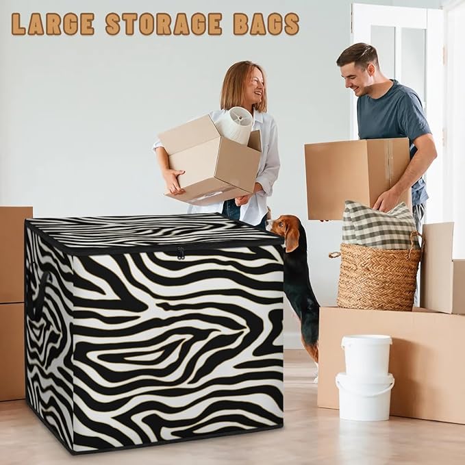 Large Zebra Storage Bags with Lid XL Blanket Clothes Storage Bins Foldable Organizers Storage Containers with Handle for Comforters Bed Sheets Pillows Zebra Print