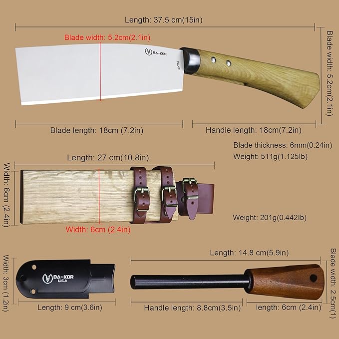 BA-KOR (Pioneer ) (15) DC53 steel 6mm thickened full Tang fixed knife+ Wooden sheath &amp(5.9IN) Cerium Igniter suitable for outdoor hunting cutting chopping camping obstacle removal explorati