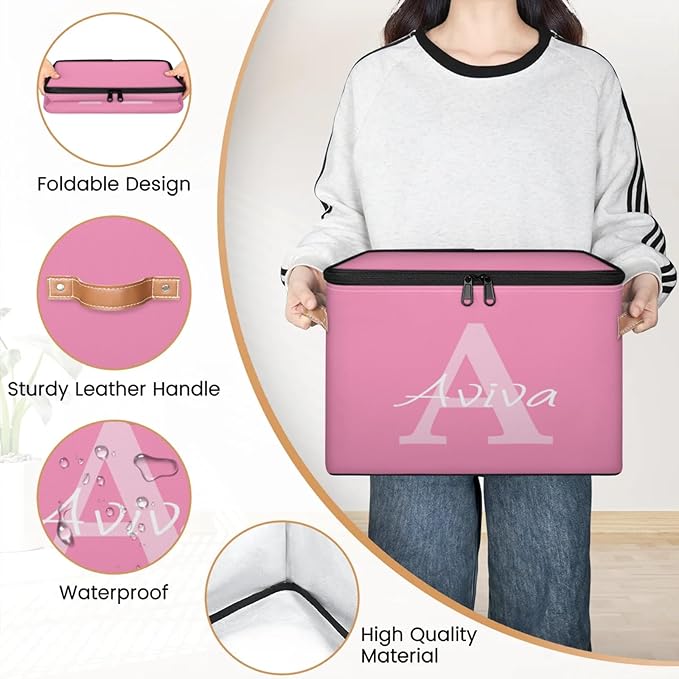 Customized Storage Basket with Initial Name Personalized Keepsake Box with Zipper Lid Foldable Fabric Memory Bin Large capacity with Handle Pink
