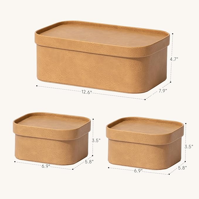 La Jolie Maison Vegan Leather Storage Boxes with Lids Set of 3 Decorative Storage Containers Organize Stackable Storage Box Camel