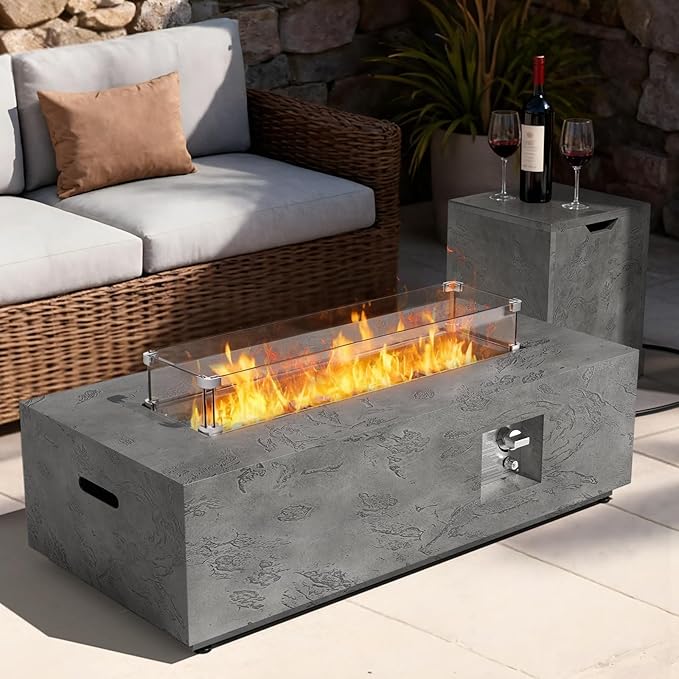2-Piece 42 Rectangular Propane Fire Pit for Outside Patio with Hidden Tank Table 50000 BTU Fireplaces with Glass Wind Guard Lid Glass Rocks Cover(Grey Rock Veins)