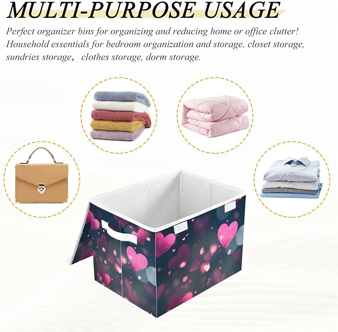senya Valentines Baskets Collapsible Storage Bins with Lids Love Hearts Romantic Storage Boxes Clothes Baskets for Organizing