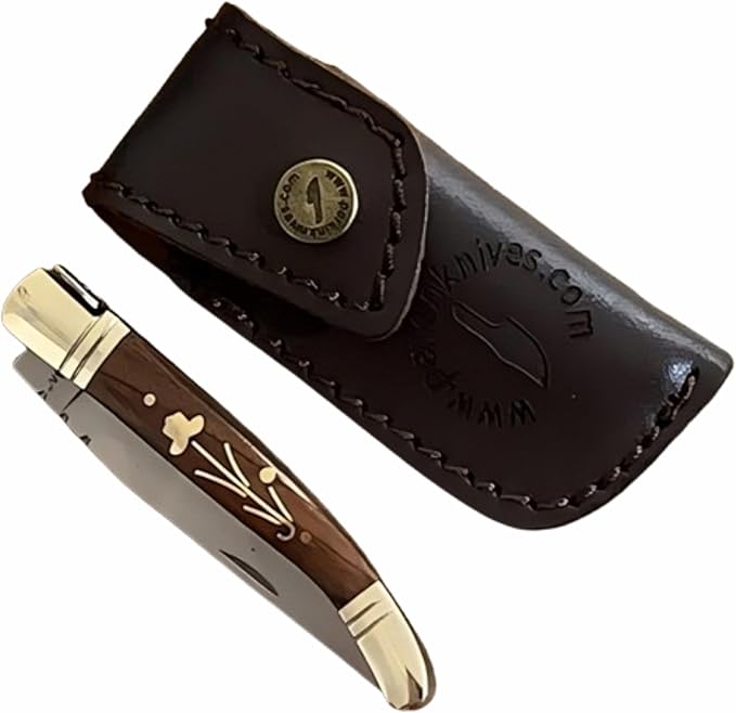 Perkin Handmade Pocket Knife with Leather Sheath - Legal Foldable Pocket Knifes for Men and Women Small EDC Lightweight Folding Knives with Laguiole Type-Gift for Unisex Adult Everyday Carry.