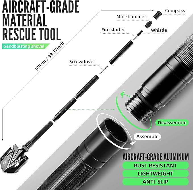 Zune Lotoo Tactical Shovel Survival Tool 18 in 1 Small Camping Shovel Folding Multitool Compact Entrenching Tool Heavy Duty for Hiking Backpack Emergency Spade Lightweight Car Truck Gift Survivalist