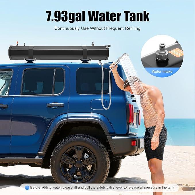 Portable Road Shower 7.93 Gallon Water Tank Self-Pressurizing 1.6 Bar Camping Shower with 5.58ft Hose Roof Rack Mountable for SUV RV Truck Overlanding Beach Travel - Black/Silver