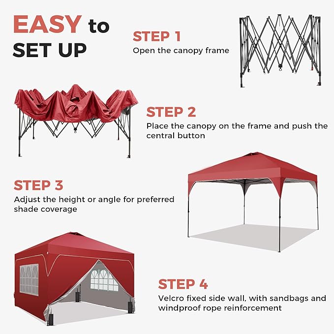 GDY 12x12FT Pop Up Canopy Tent with One Push Setup Easy to Install with 4-Sidewalls for Events Parties Camping Outdoor Gazebo with 4-Sandbags and Wheel BagRed.