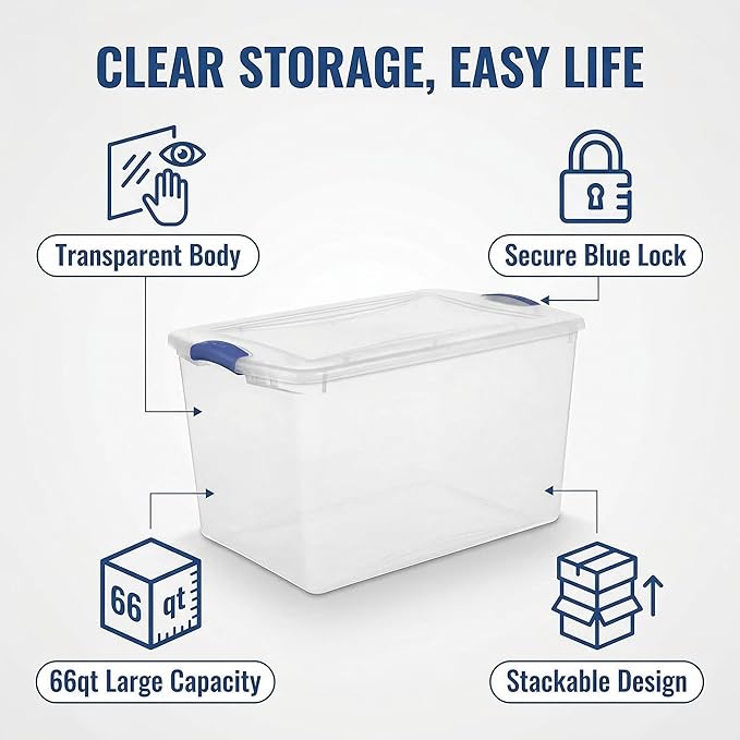 4 Pack 66 Quart (16.5 Gallon) Clear Plastic Storage Bins with Blue Latching Lids Heavy Duty Stackable Organizer Containers for Closet Garage Bedroom Office Home Organization