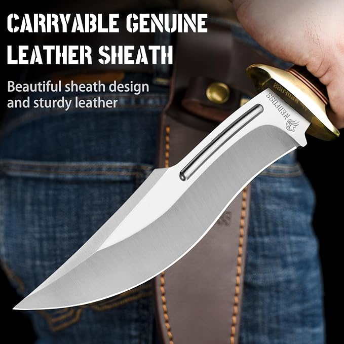 NedFoss SA78 Fixed Blade Knife 12 Inch Wood Handle Bowie Hunting Knife with Leather Sheath for Camping Hiking Survival Bushcraft Knife Gifts for Men Birthday Valentine's Day Christmas