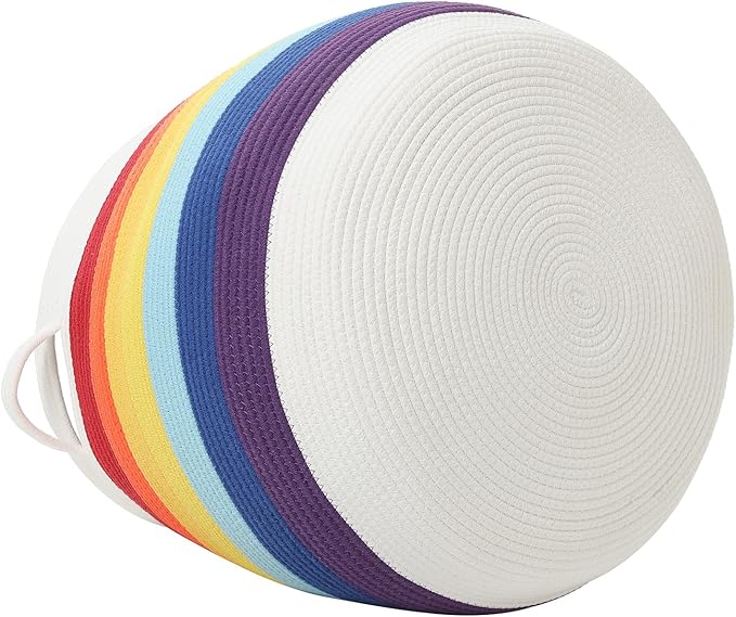 20 x 20 Extra Large Cotton Rope Storage Basket with Lid – Flagon Design – Perfect for Clothes Blankets and Living Room Organization (Rainbow/White 20x20)
