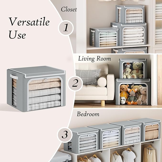 Yecaye Clothes Storage Bins with Metal Frame 40L Foldable Clothing Storage Bins with Lid Stackable Zippered Clothes Storage Bags Oxford Fabric Organizer Box With Clear Window＆ PU Leather Handles