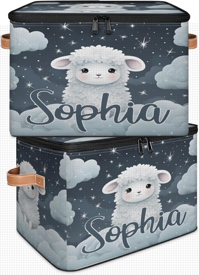 Custom Storage Basket with Name Personalized Storage Bins with Zipper Lid Foldable Fabric Storage Box Large capacity with Handle Cloud Sheep