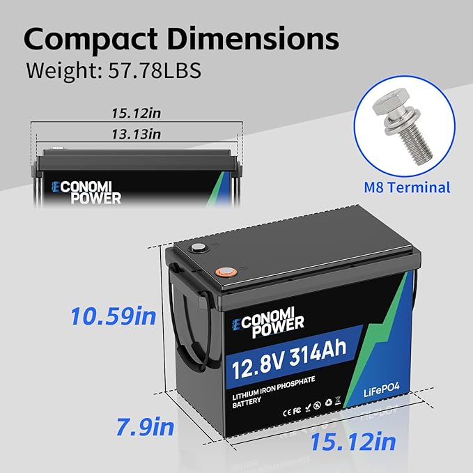 12V 314Ah(300Ah) LiFePO4 Lithium Battery 200A Smart BMS w/App Monitoring &amp 15000+ Cycles Compact Reliable Power for RV Solar Off-Grid &amp Home Backup
