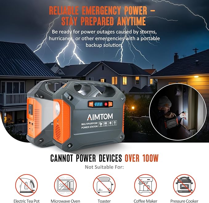 AIMTOM 155Wh Portable Power Station with 30W Solar Panel – 150W Peak/110V AC 18W USB-C 2x USB-A &amp 12V DC – Solar Generator for Camping Home RV Travel &amp Emergencies
