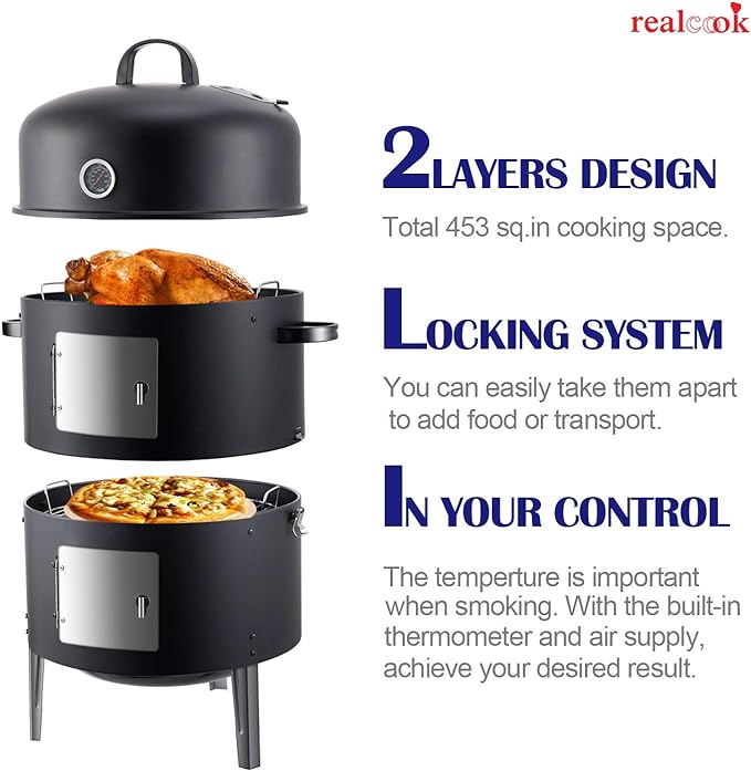 Realcook Vertical 17 Inch Steel Charcoal Smoker Heavy Duty Round BBQ Grill for Outdoor Cooking Black