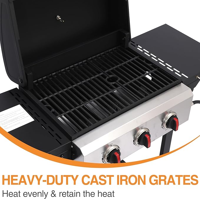 Propane Gas Grill with Folding Side Tables 3-Burner Gas Grill with Cast Iron Grates and Stainless Steel Griddle Pan Outdoor BBQ Grill Portable with Wheels 30000 BTU Output