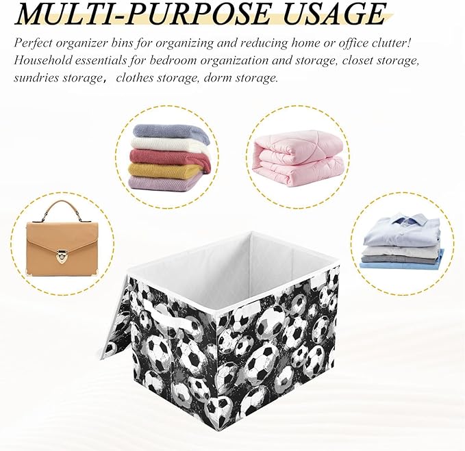 Black Soccers Collapsible Storage Bins with Lids Decorative Fabric Cubes Closet Organizer Basket Boxes Containers for Clothes Box Chest Folding Rectangle