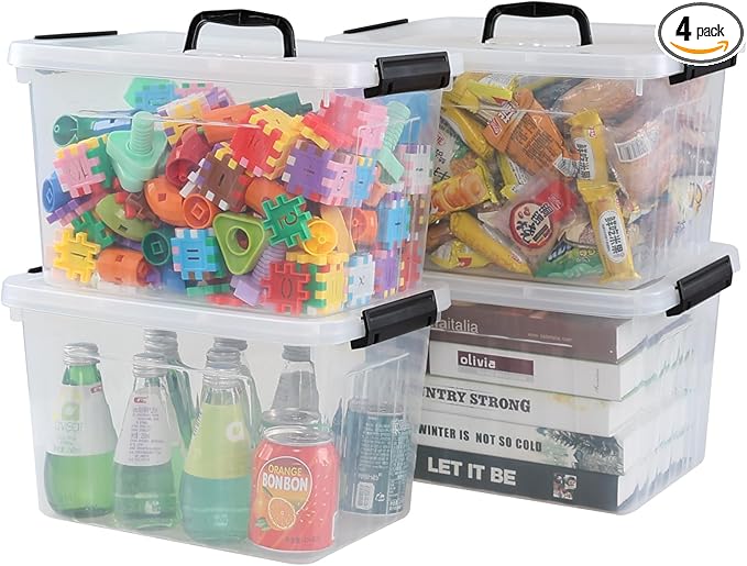 Wekioger 4 Pack 12 Quart Latching Storage Box with Handle Clear Lidded Tote Bin