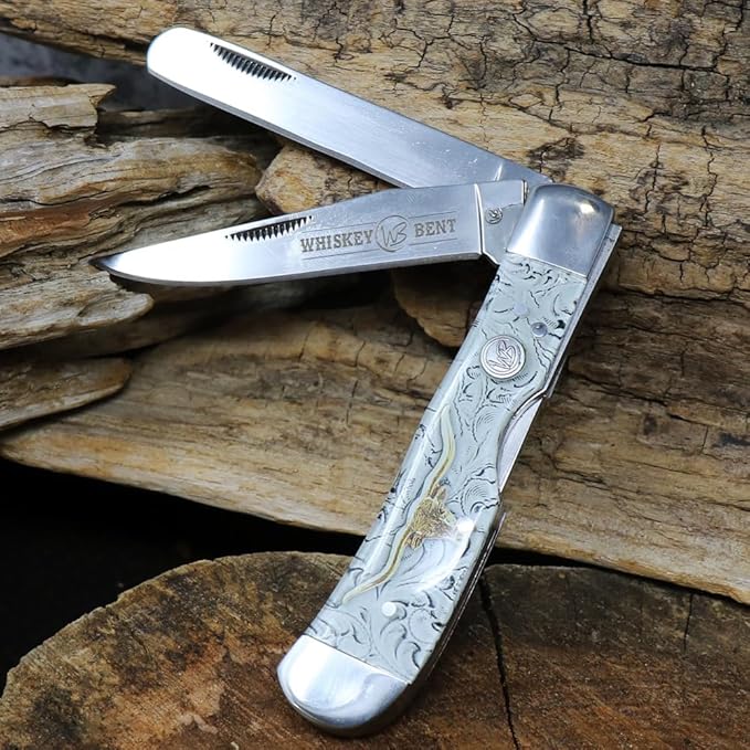 WHISKEY BENT HAT CO. Trapper &amp Locking Bullcutter Folding Pocket Knife 4.125 Closed Length 440C Stainless Steel Blades (Toro)