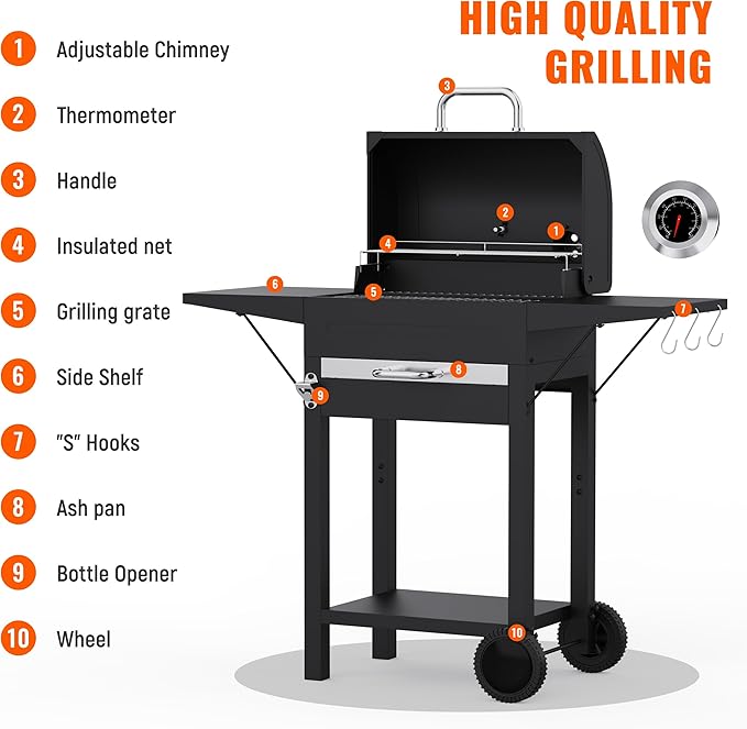 Charcoal Grills with Side Tables and Bottle Opener 20'' Smoker Barbecue BBQ Grill with 2 Wheels for Backyard Patio Camping and Parties Black