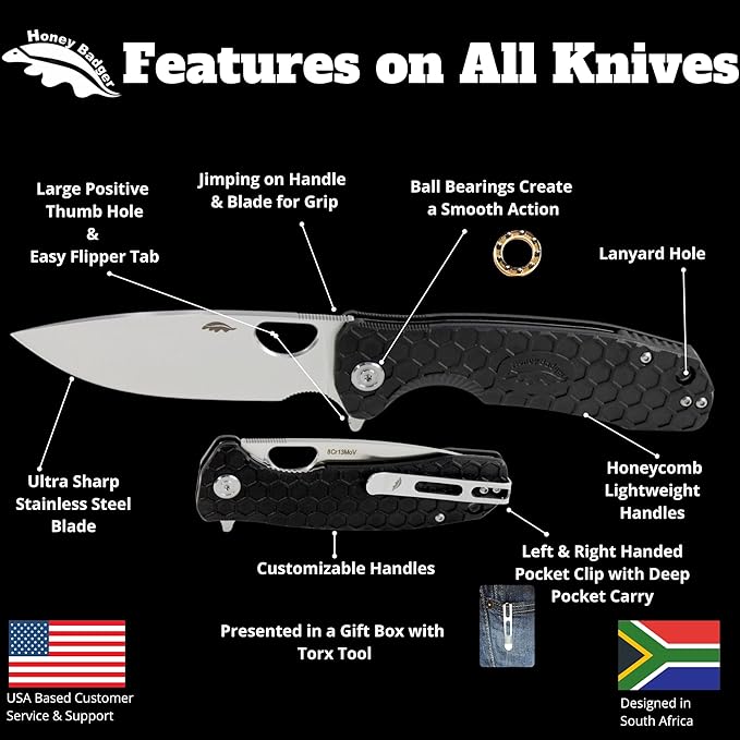 Honey Badger Large Pocket Knife EDC Drop Point Folding Utility Knife 3.6 Steel Blade Reversible Pocket Clip - (3.8oz) Drop Point Large Blue HB1004