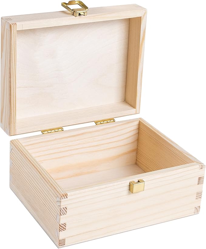Creative Deco Wooden Storage Box Unpainted Plain | 8.42 x 5.43 x 3.93 in | Keepsake Unfinished Golden Latch &amp Lid | Unfinished Keepsake for the Office or Bedroom | Jewelry Box