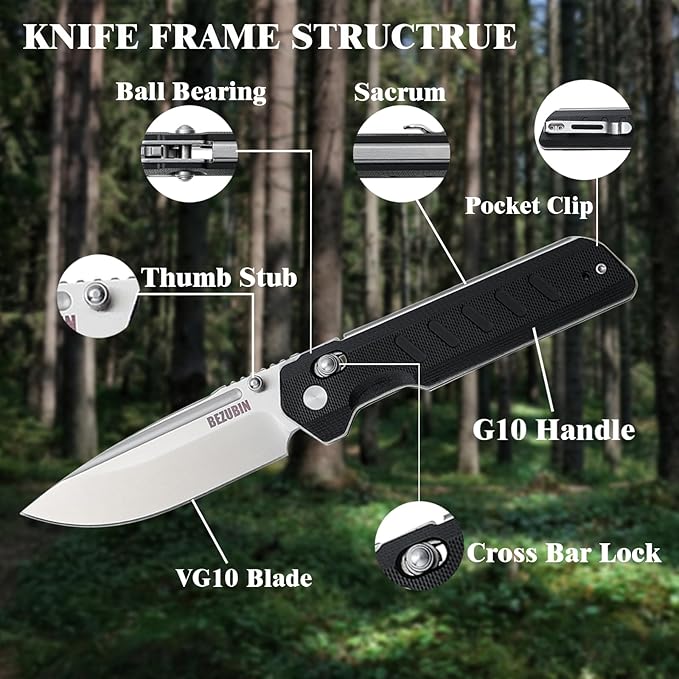 Folding Pocket Knife 3.25 VG10 Blade EDC Folding Knife with Safety Axis Lock Black G10 Handle Hunting Camping Knife with Thumb Stud Opener