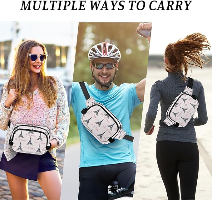 Paris Tower Waterproof Fanny Pack for Women Men Adjustable Waist Bag with Double Zipper Pockets Lightweight Square Hip Pack for Running Travel Hiking Workout Cycling
