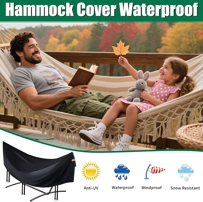 Hammock Covers for Outdoor Waterproof Durable 420D Hammock Cover for 12 ft Hammock Stand Windproof 3 Buckles &amp 1 Elastic Cord Airy VentReflective handleAll Weather Protection Hammock Rain Cov