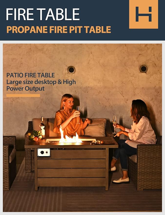 Propane Fire Pit Table HAPPATIO 48inch 50000 BTU Gas Fire Pit with Aluminum Slats Table Top Lid Black Glass Rock Aluminum Fire TableCSA Safety Certified for Outside Patio(Gray)