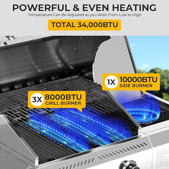 Electactic 3-Burner Propane Gas Grill with Side Burner – 34000 BTU Stainless Steel Outdoor BBQ Grill Cast Iron Grates Portable with Wheels for Patio Camping