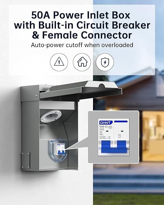 50 Amp Generator Inlet Box w/Circuit Breaker - VHBW Power Inlet Box NEMA SS2-50P Male Receptacle 125/250V 12500W Extra-Large Weatherproof Housing 5 Wiring Ports (Sides/Top/Bottom/Rear) ETL Listed